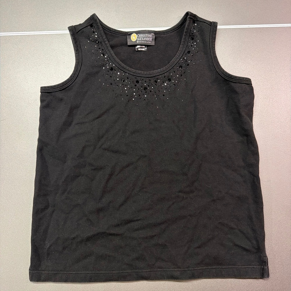 Christine Alexander VintageBlack Rhinestone Tank Top Women's M Sleeveless Beaded